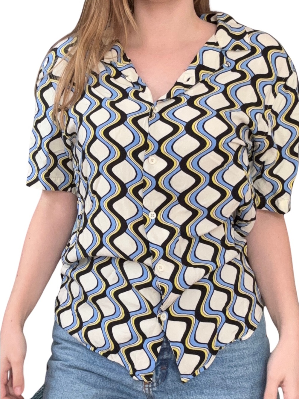 Earthbound Button Down Short Sleeve Blouse W/ Groovy 70s Design